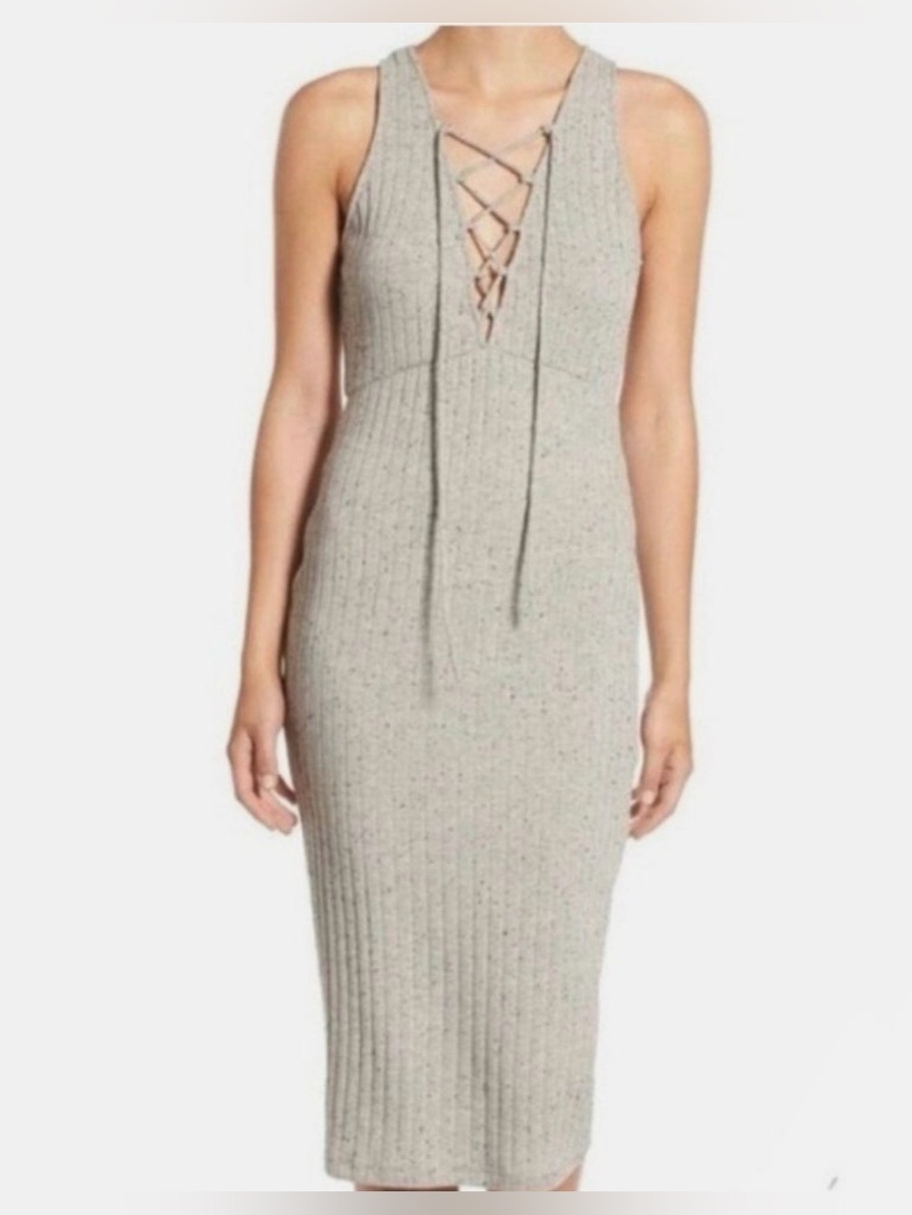 Astr Sleeveless Lace-Up Ribbed Midi Dress in Light Gray